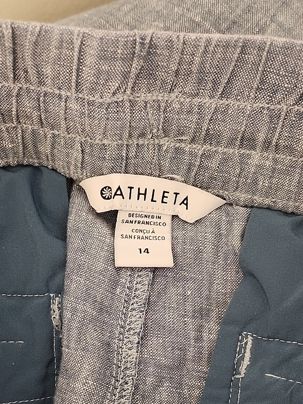 ATHLETA 100% LINEN Chambray Blue RETREAT Slit WIDE LEG Pants Sz 14 - Picture 15 of 16